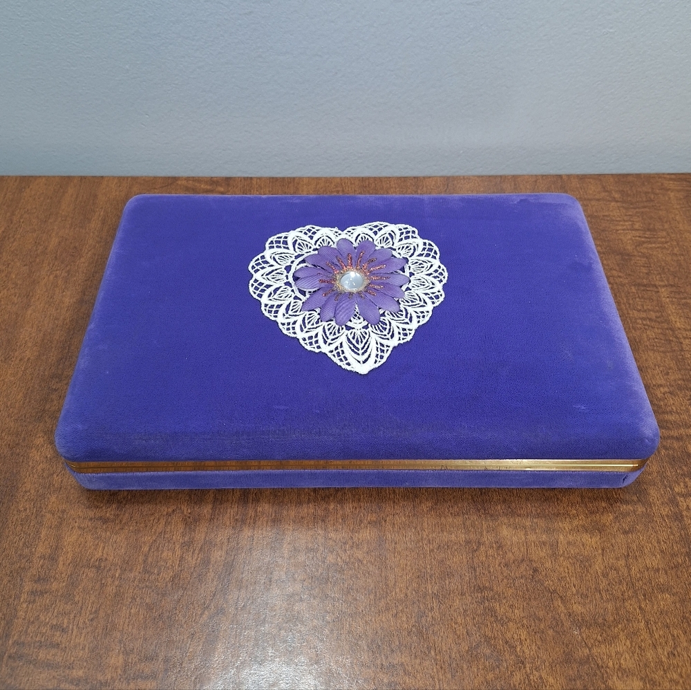 Vintage Purple Velvet W/Mirror & Lace Jewelry Box Case Organizer 24 Slots Retro
